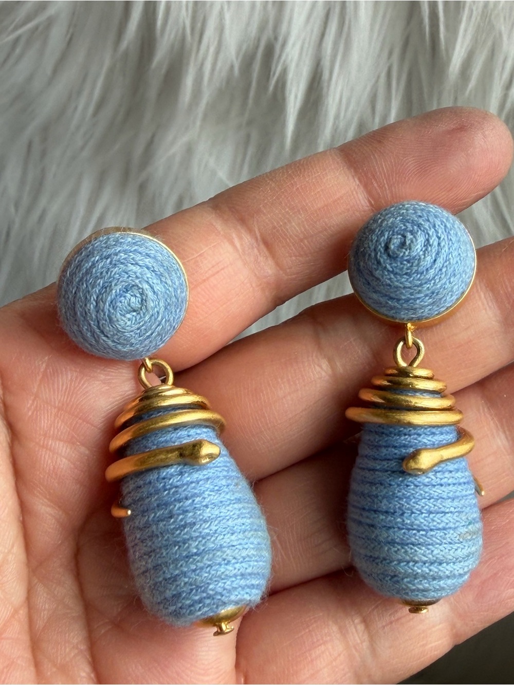 Hand-Wrapped Light Blue Woven Textile Drop Earrings with Gold Serpent Accents - Picture 5 of 13